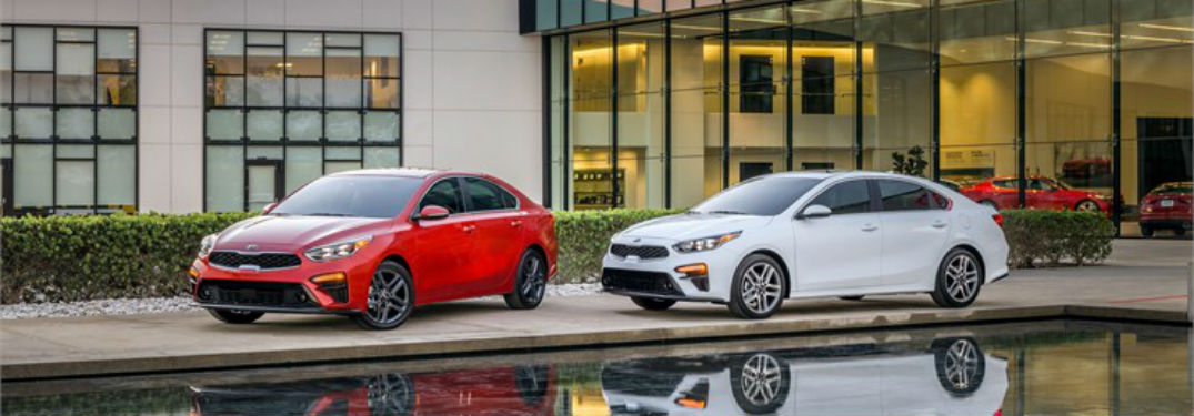 Driver's side exterior view of a red and a white 2019 Kia Forte