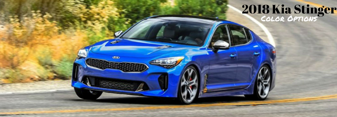 2018 Kia Stinger Color Options, text on an exterior image of a blue 2018 Kia Stinger