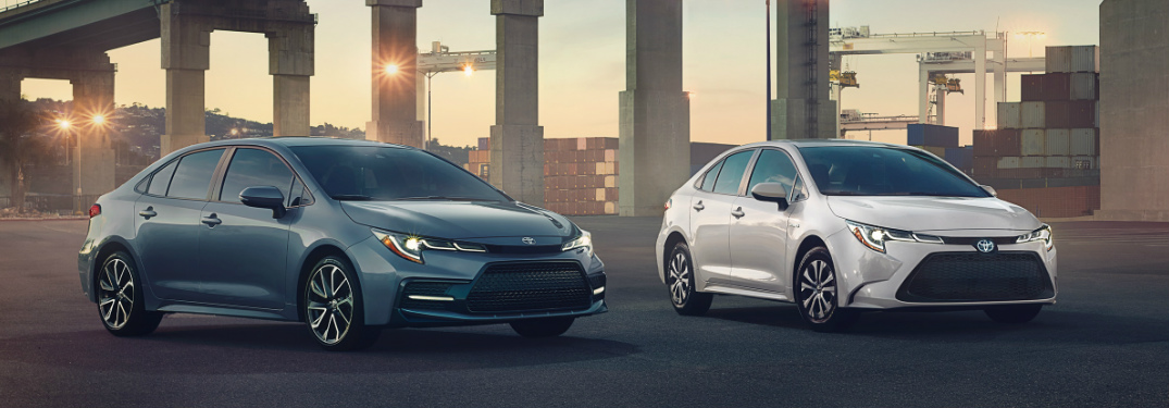 Blue 2020 Toyota Corolla and White 2020 Toyota Corolla Hybrid