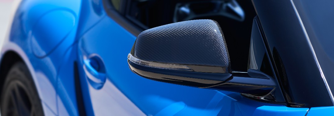 Outside mirror on blue 2021 Toyota GR Supra A91 Edition