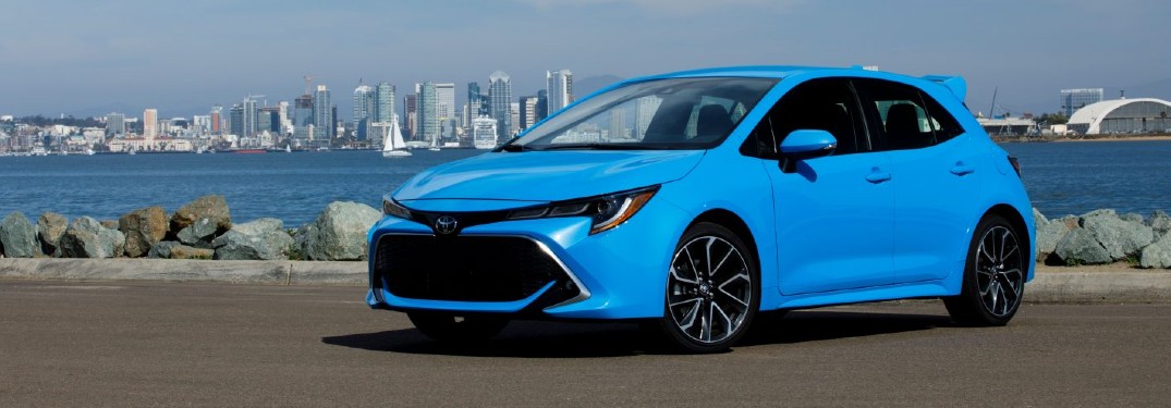 Blue 2021 Toyota Corolla Hatchback with a city skyline in the background