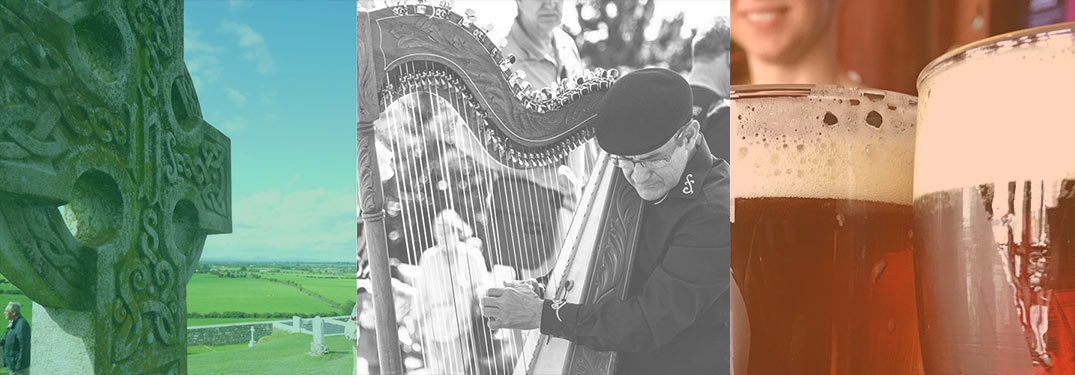 celtic cross, man playing harp, and beers, in the colors of the Irish flag