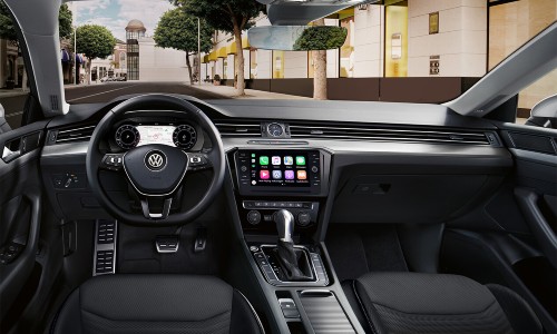 2019 Volkswagen Arteon interior showing apple carplay screen on and view through windshield