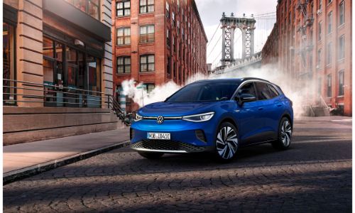 2021 Volkswagen ID.4 blue parked sideways on road