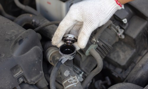 gloved hand holding coolant tank opening