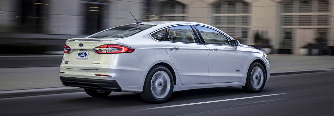 side view of a white 2019 Ford Fusion
