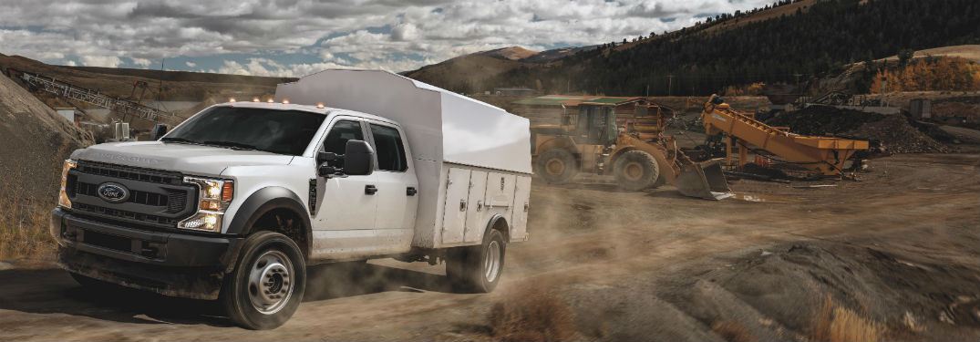side view of a white 2020 Ford Super Duty Chassis Cab