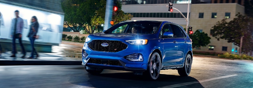 front view of a blue 2020 Ford Edge