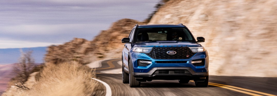 front view of a blue 2020 Ford Explorer
