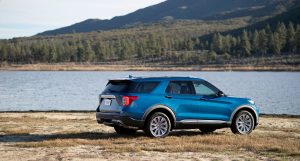 side view of a blue 2020 Ford Explorer