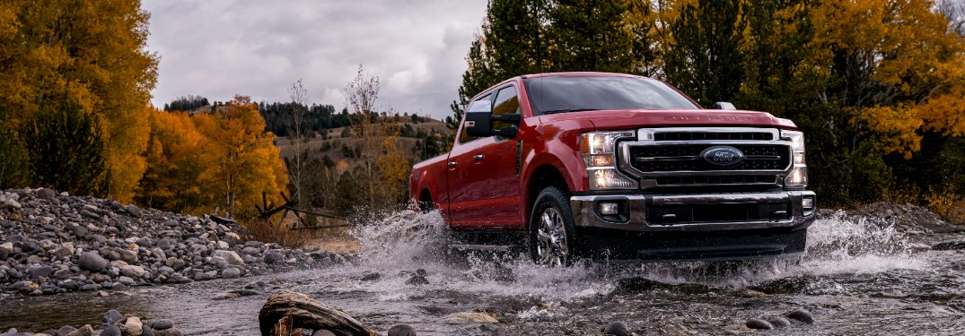 front view of a red 2020 Ford Super Duty