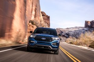 front view of a blue 2020 Ford Explorer