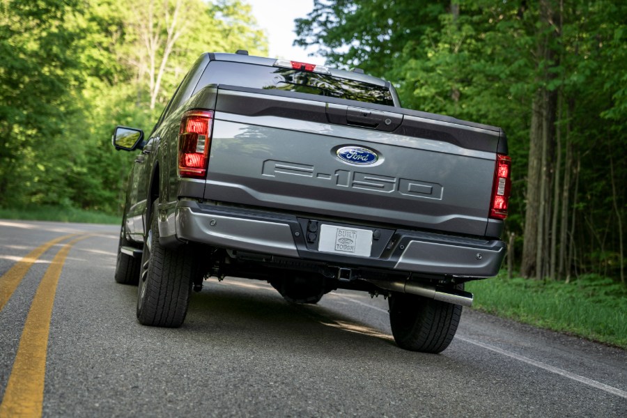 rear view of a silver 2021 Ford F-150