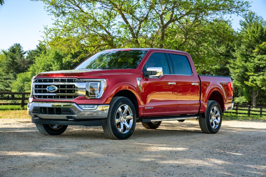 side view of a red 2021 Ford F-150