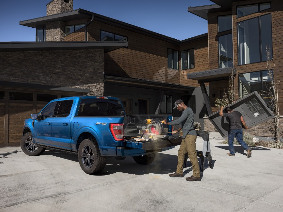rear view of a blue 2021 Ford F-150