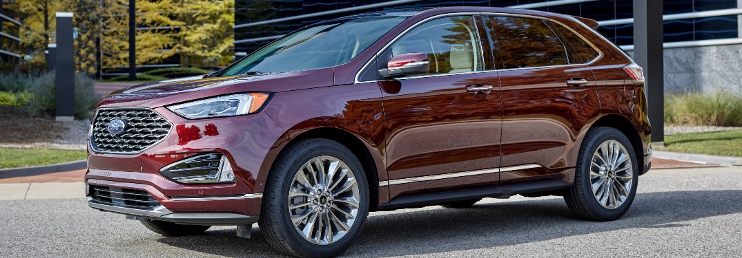 side view of a red 2021 Ford Edge