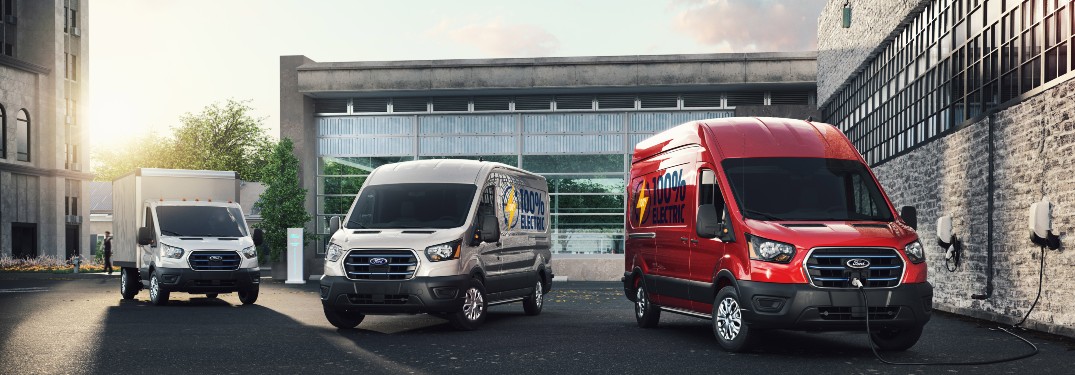 two Ford Transit models with a Ford E-Transit model