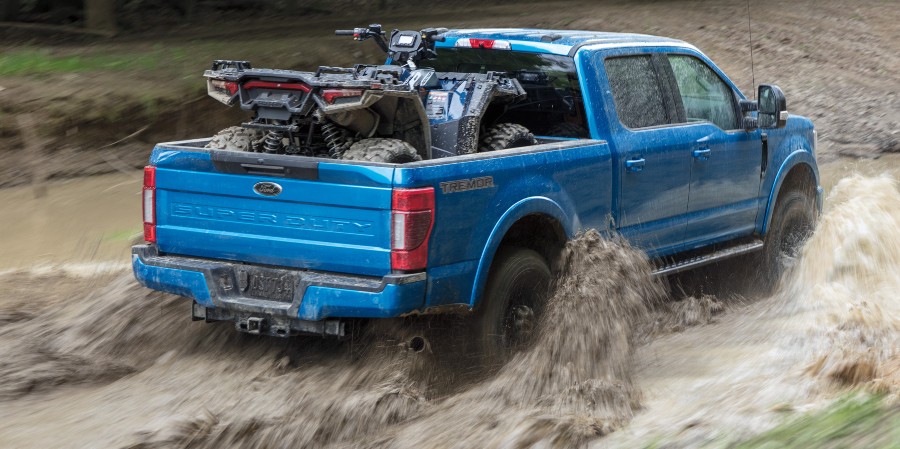rear view of a blue 2021 Ford Super Duty