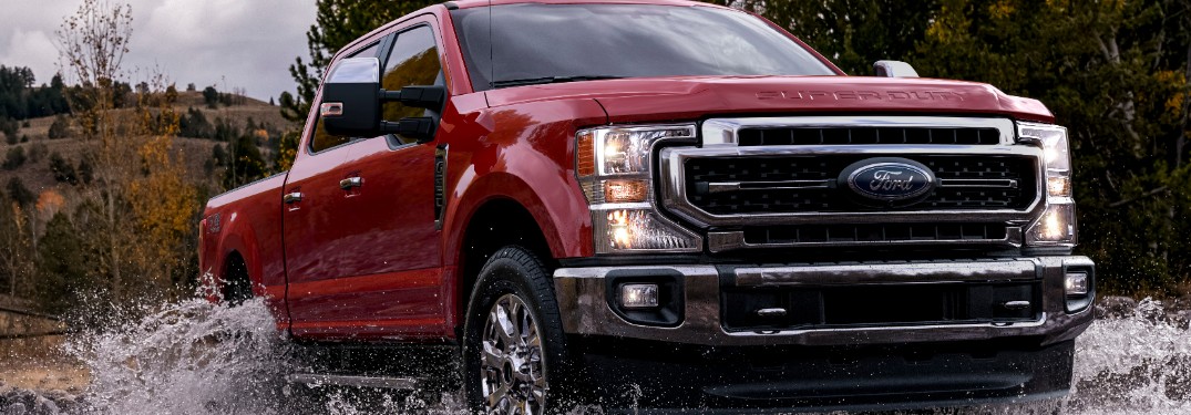 front view of a red 2021 Ford Super Duty