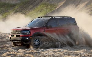 side view of a red 2021 Ford Bronco Sport