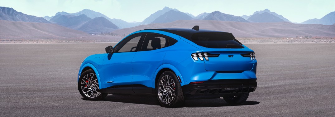 side view of a blue 2021 Ford Mustang Mach-E