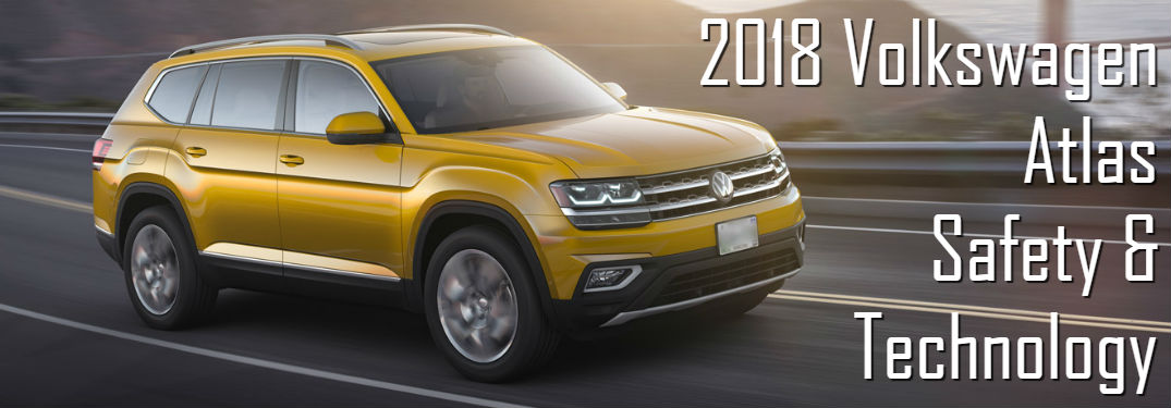 2018 Volkswagen Atlas Safety & Technology with image of an Atlas driving down a road during a sunset