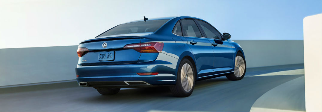 Rear exterior view of a blue 2019 VW Jetta