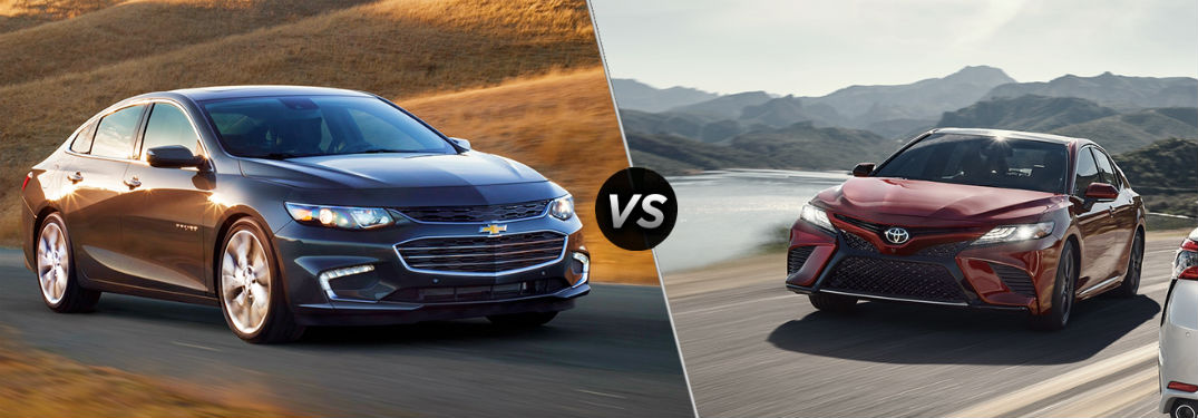 split screen between 2018 Chevrolet Malibu and 2018 Toyota Camry