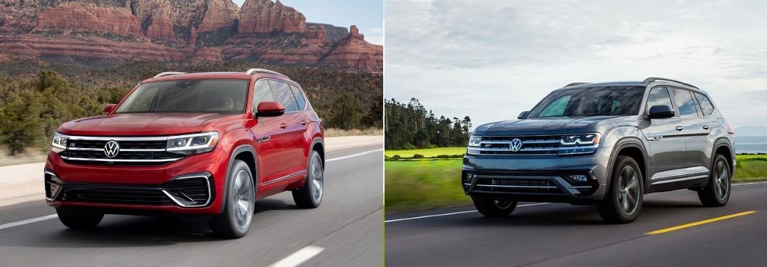 Red 2021 Volkswagen Atlas Front Exterior on Desert Highway vs Gray 2020 Volkswagen Atlas Front Exterior on a Country Road