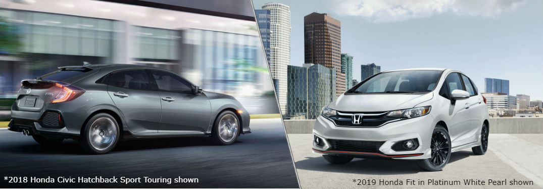 2019 Honda Fit and 2018 Honda Civic Hatchback Capacities with image of a 2018 Honda Civic Hatchback Sport Touring driving in a city and 2019 Honda Fit in Platinum White Pearl parked on top of a city parking garage