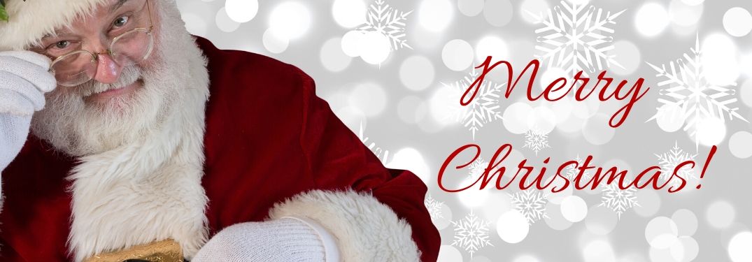 Santa Claus on Snowy White Background with Red Merry Christmas! Text