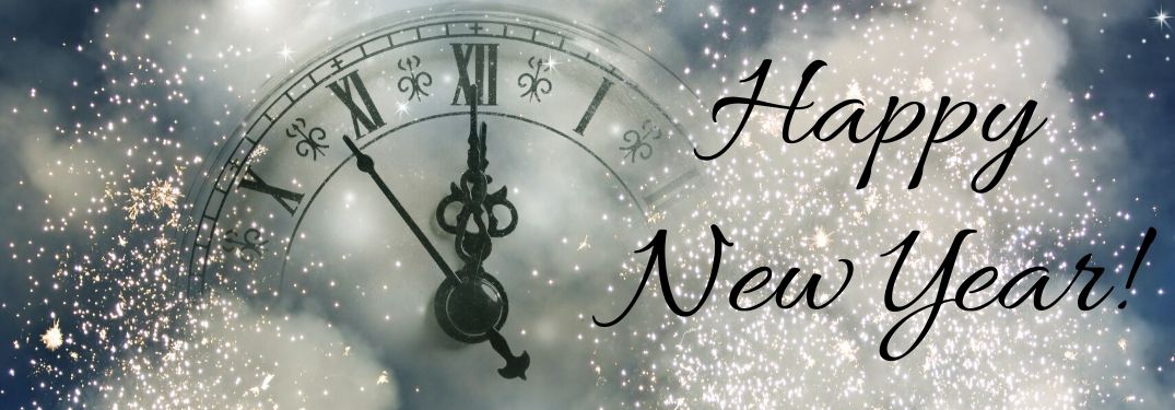 Silver Sparkles and Glitter with a Clock Striking Midnight and Black Happy New Year Text