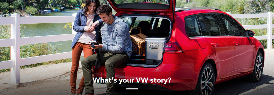 "What's Your VW Story?" Title and Man and Woman Behind a Red Volkswagen Golf SportWagen