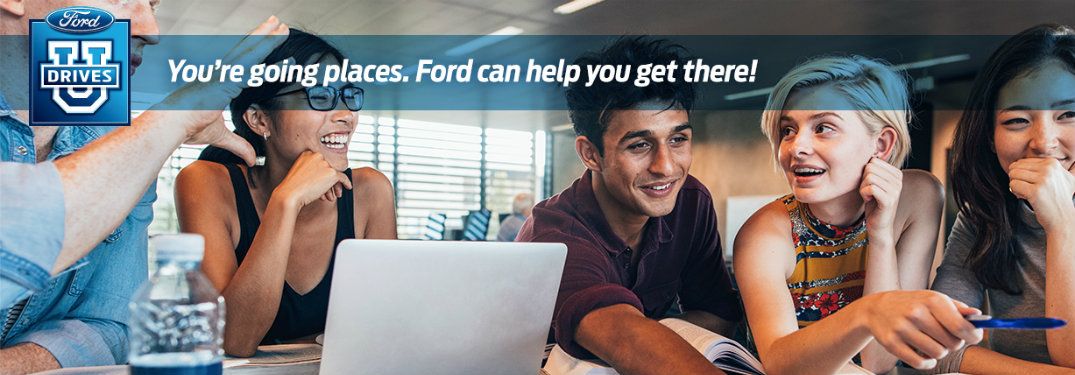 Ford Drives U - You're going places. Ford can help you get there! Background of smiling students group studying