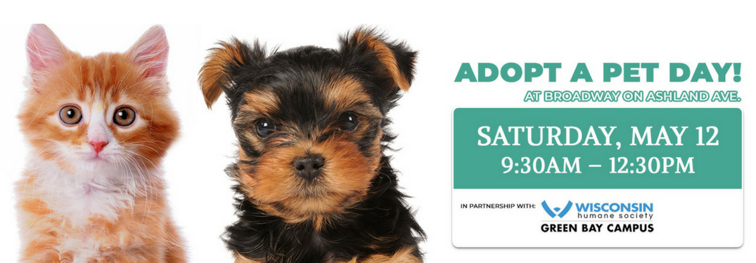 adopt a pet day at broadway automotive banner with puppy and kitten and date and time information