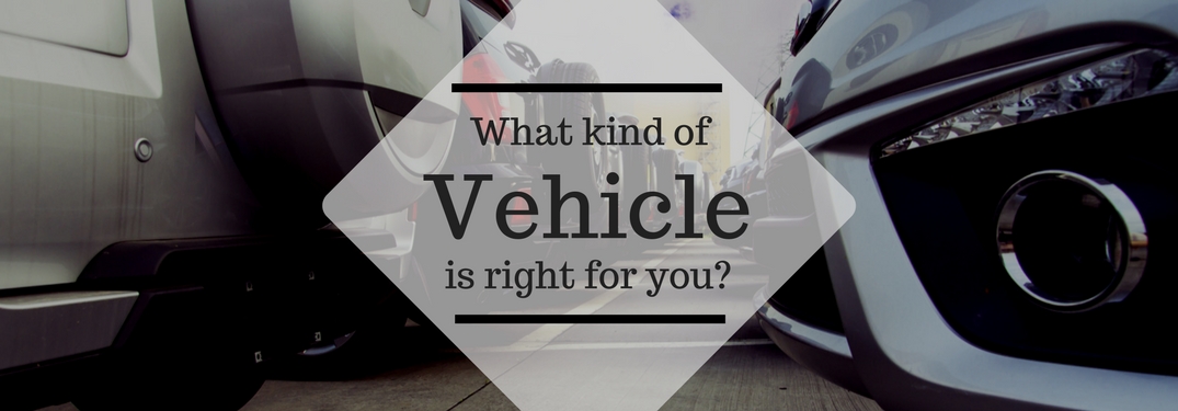 Image of vehicle lot with an overlay that says what kind of vehicle is right for you?
