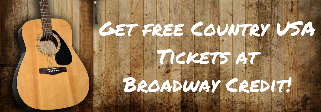 guitar next to wood background with white text "get free country usa tickets at broadway credit!"