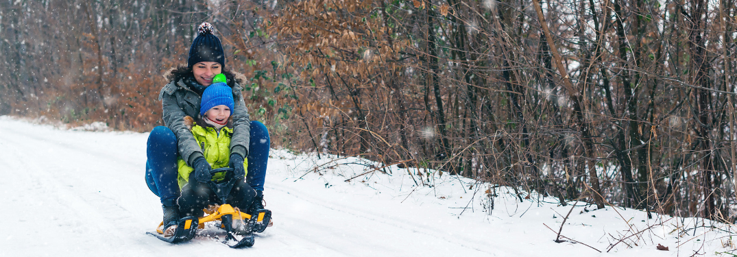 young woman and little girl sledding down hill on sled together