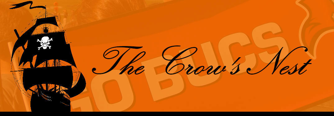 header image for the crows nest showing pirate ship and go bucs banner