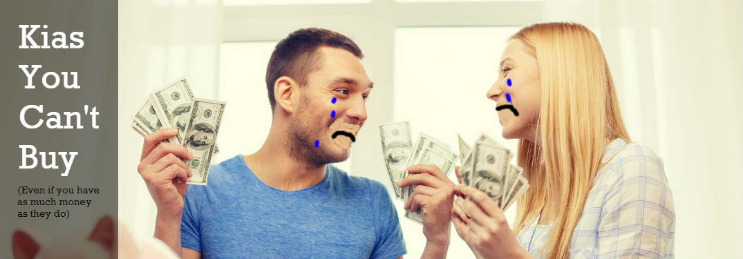 couple holding money with hideously photoshopped sad faces
