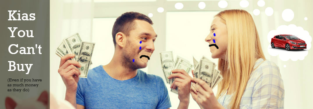 couple holding money with sad photoshopped faces and Kia pro_cee'd in thought bubble