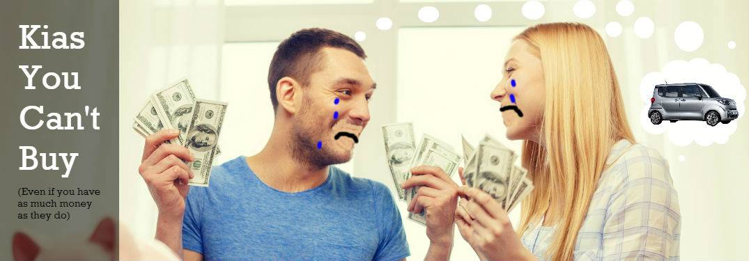 Kias you Can't Buy in the US banner with couple holding money and crying while sharing thought bubble feat. Kia Ray