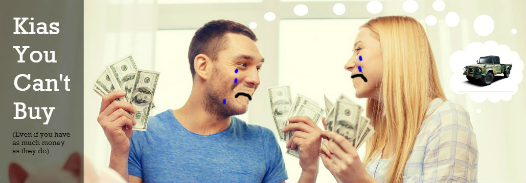 couple thinking about a Kia KM450, crying with money in their hands