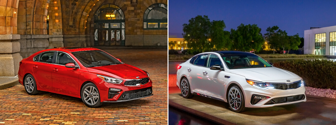 Red 2020 Kia Forte and white 2020 Kia Optima