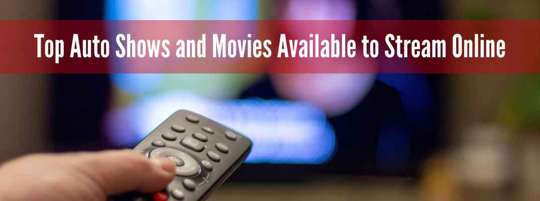 Remote control pointing at TV screen with "Top Auto Shows and Movies Available to Stream Online" white text