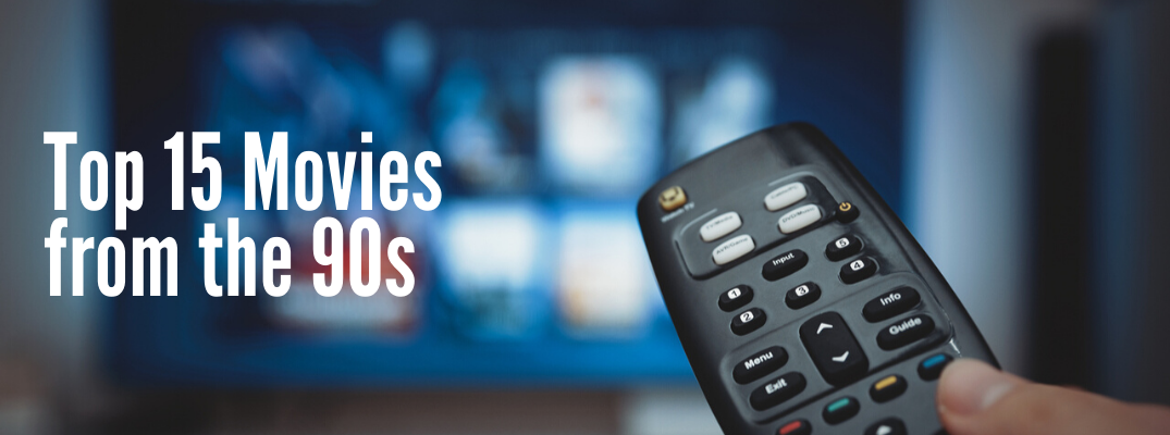 Remote pointing at TV with "Top 15 Movies from the 90s" white text