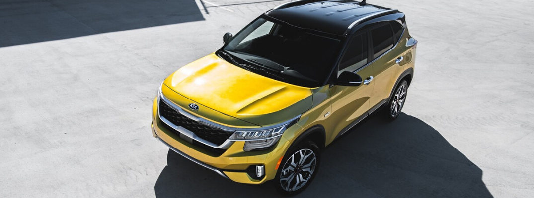 Overhead view of yellow 2021 Kia Seltos