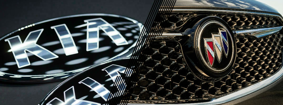 Closeup of Kia logo and Buick logo