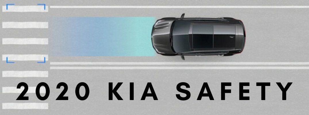 Kia safety diagram with black "2020 Kia Safety" text