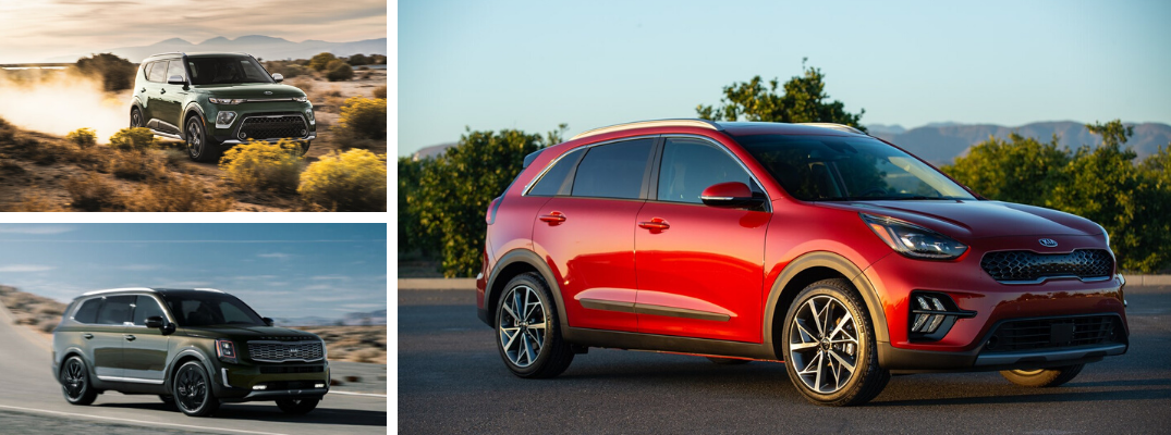 Green 2020 Kia Soul, Red 2020 Kia Niro, and green 2020 Kia Telluride